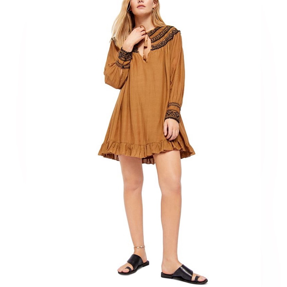 Free People Mustard Brown Mini Dress with Black Trim